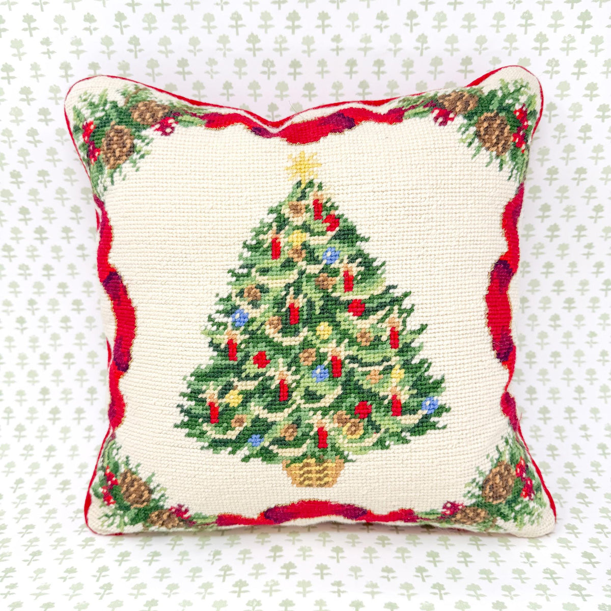 Vintage Christmas Needlepoint Pillow, Christmas Tree