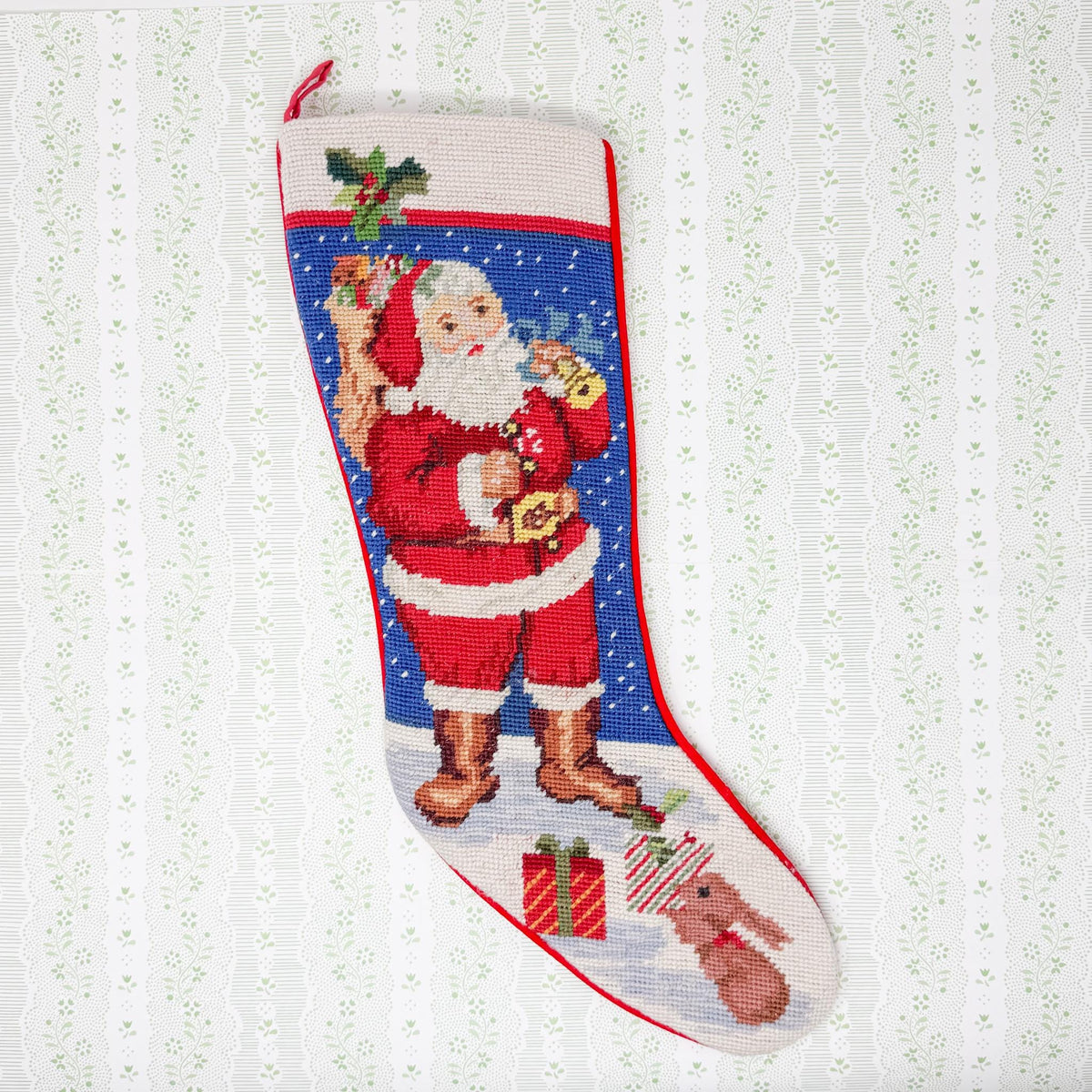 Vintage Needlepoint Christmas Stocking, Santa Claus and Bunny Rabbit