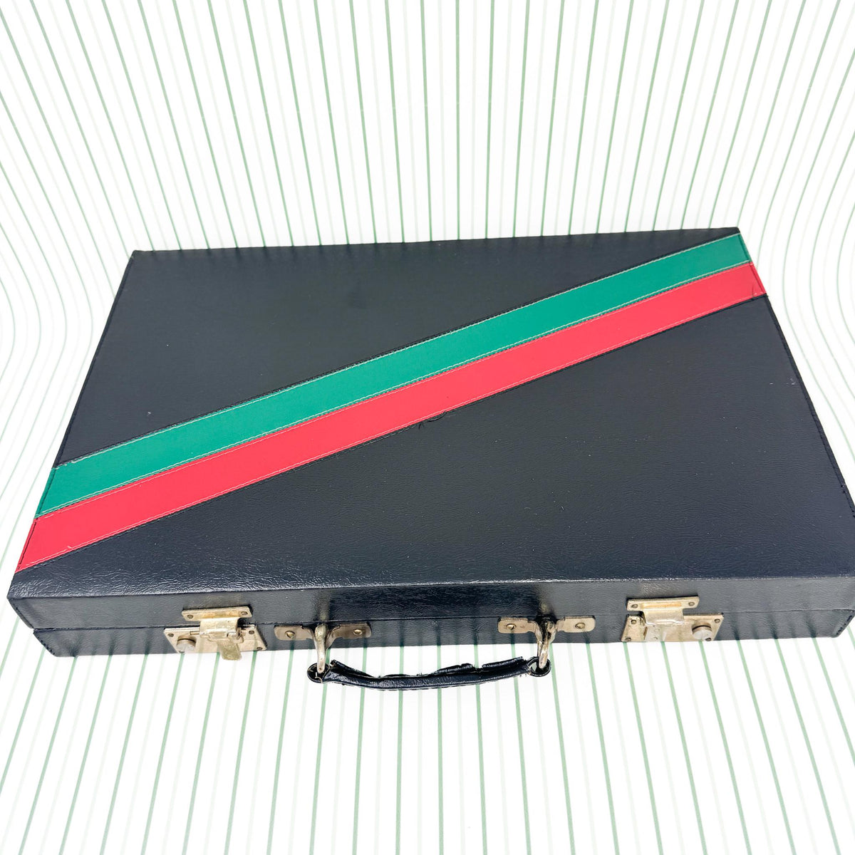 Vintage Backgammon Set, Black Leather Case with Red and Green Stripe