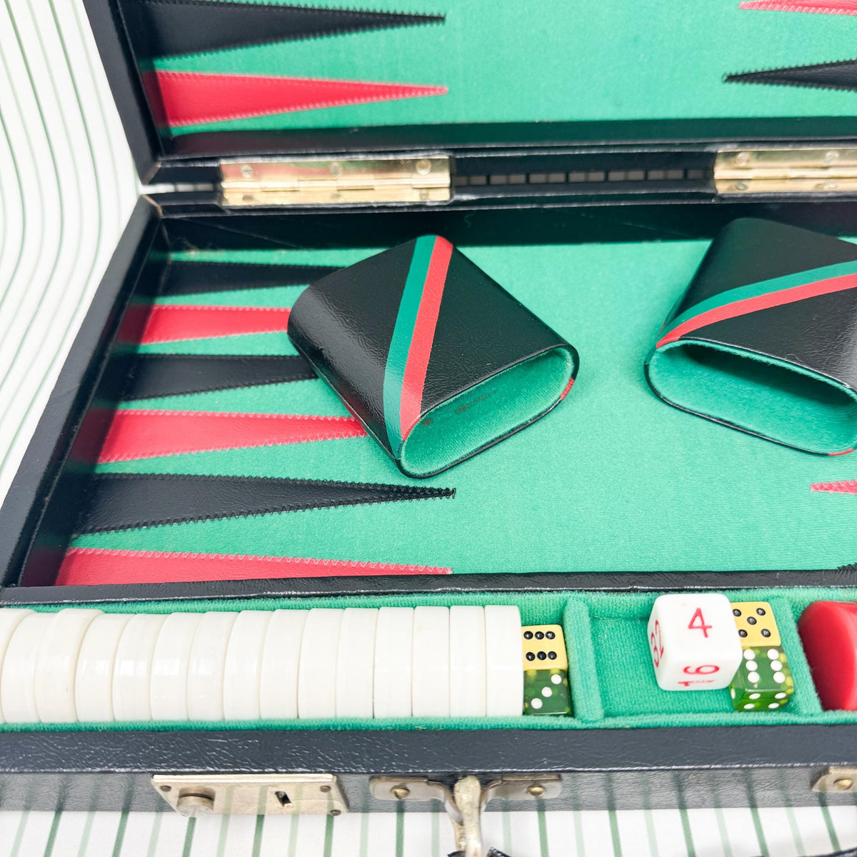 Vintage Backgammon Set, Black Leather Case with Red and Green Stripe