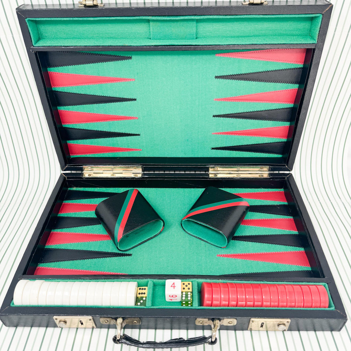 Vintage Backgammon Set, Black Leather Case with Red and Green Stripe