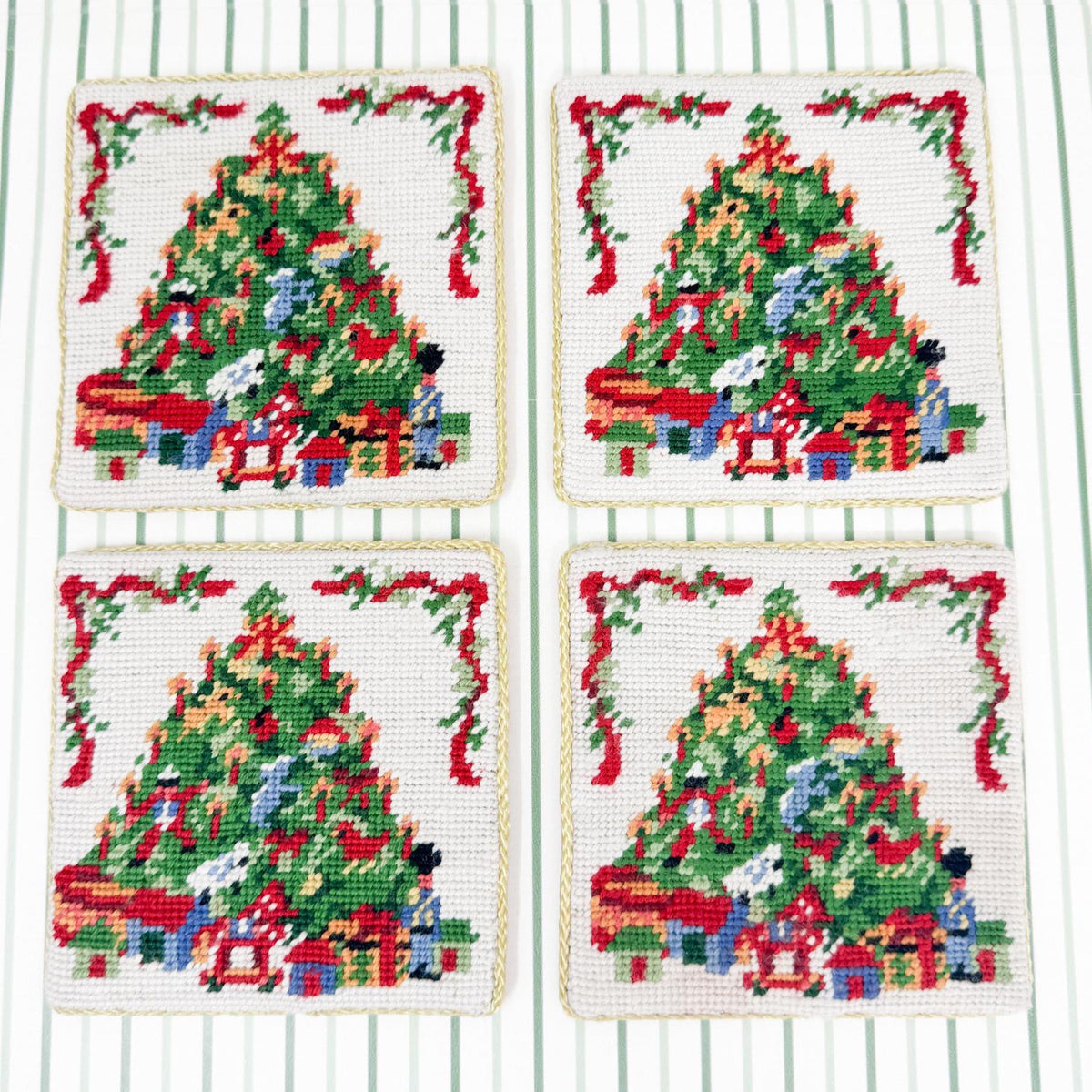 Vintage Needlepoint Christmas Tree Coasters, Set of 4