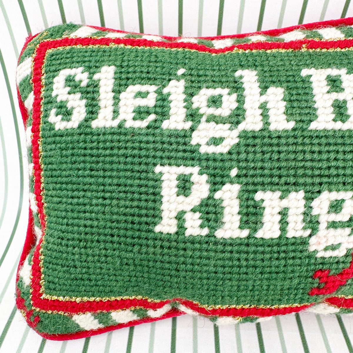 Vintage Christmas Needlepoint Pillow, Sleigh Bells Ring