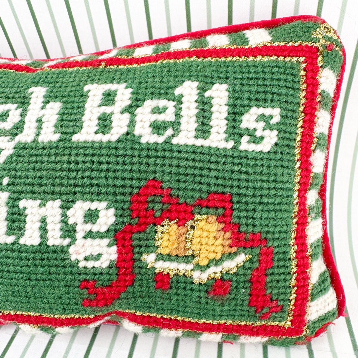 Vintage Christmas Needlepoint Pillow, Sleigh Bells Ring