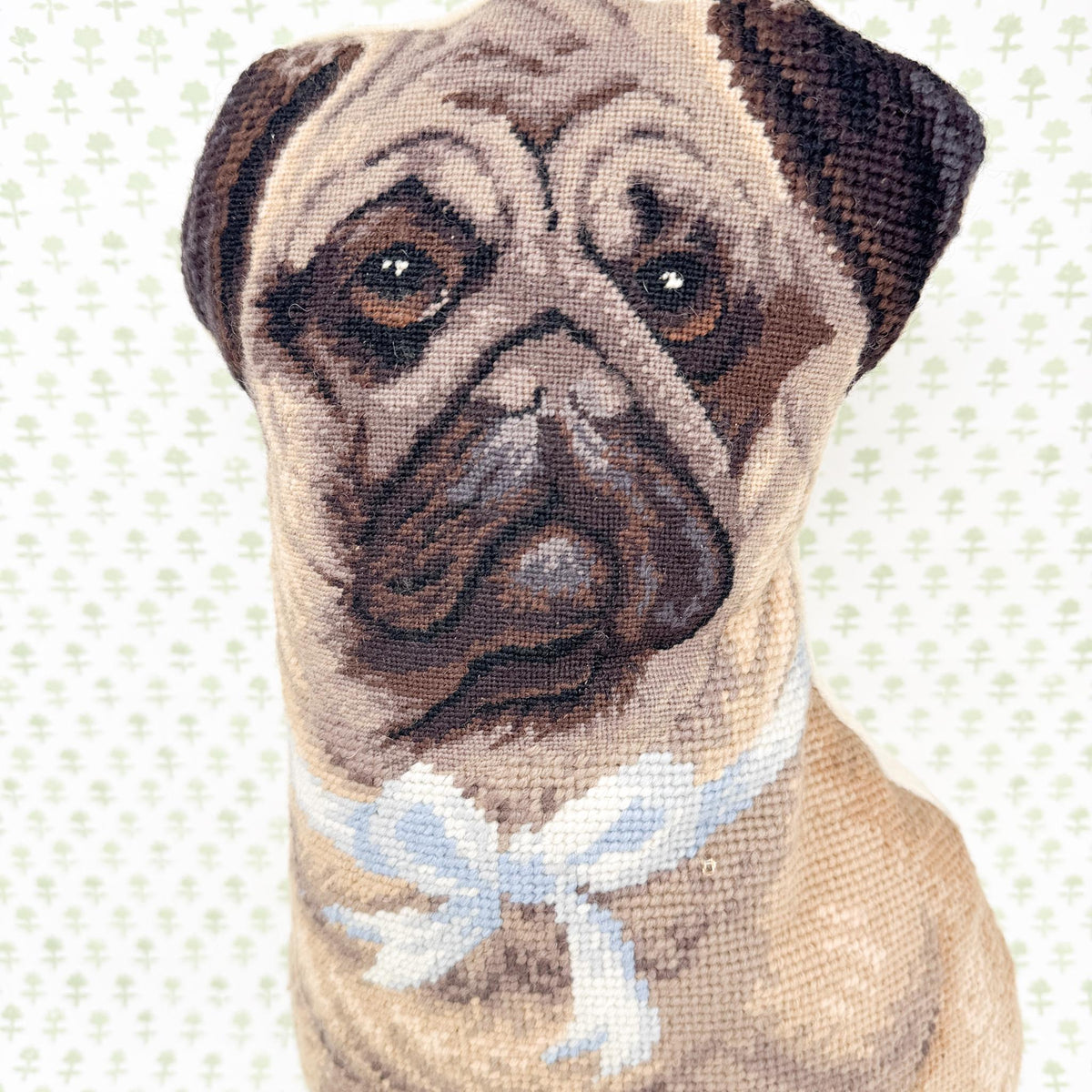 Vintage Needlepoint Standing Pillow, Pug