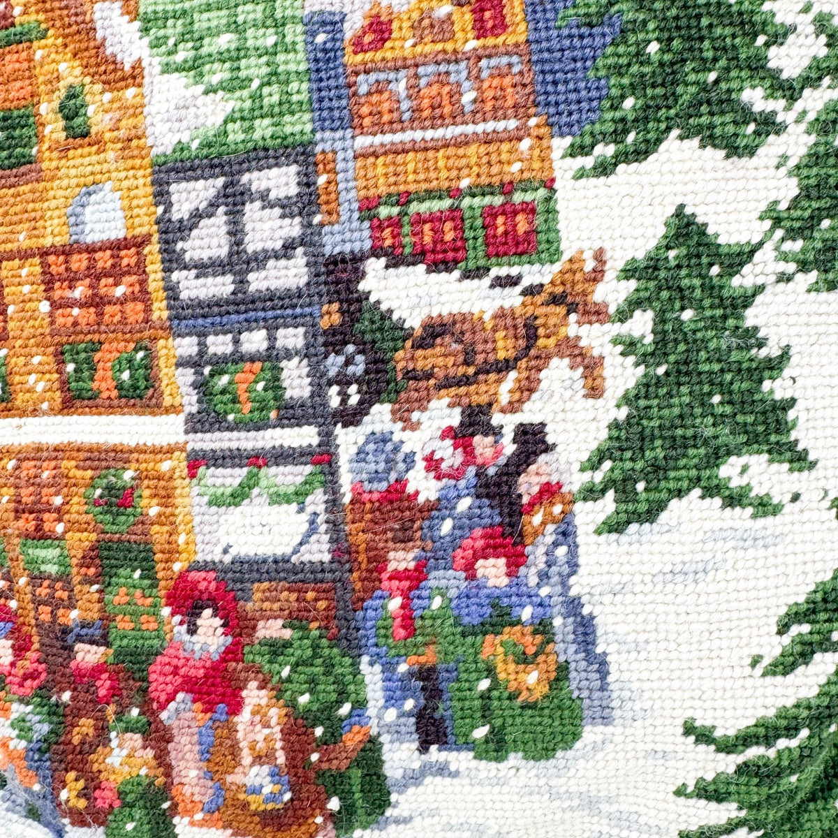 Vintage Christmas Needlepoint Pillow, Christmas Village