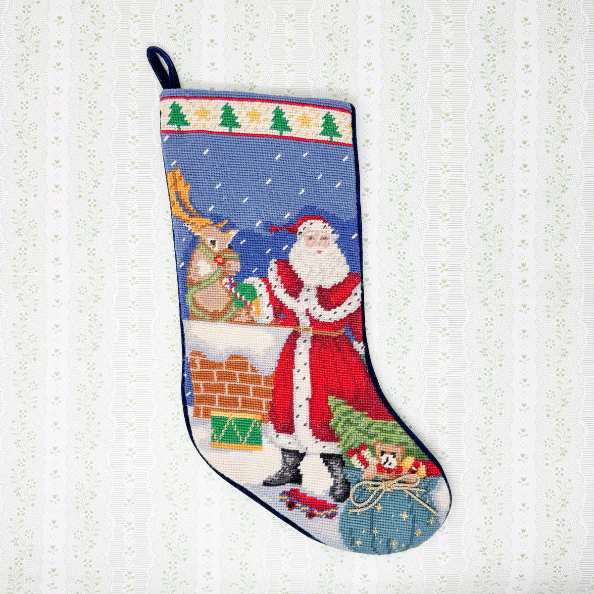 Vintage Needlepoint Christmas Stocking, Santa and Reindeer