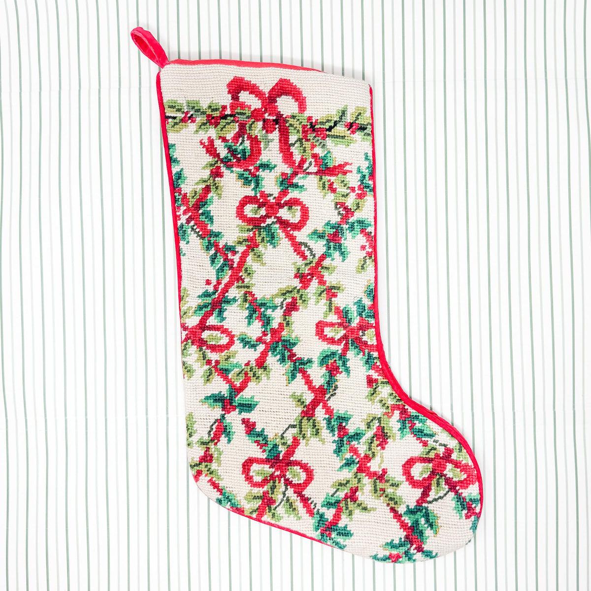 Vintage Needlepoint Christmas Stocking, Bow and Holly Trellis