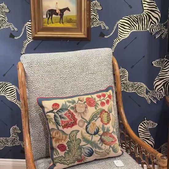 Vintage Needlepoint Pillow, Red and Blue Floral