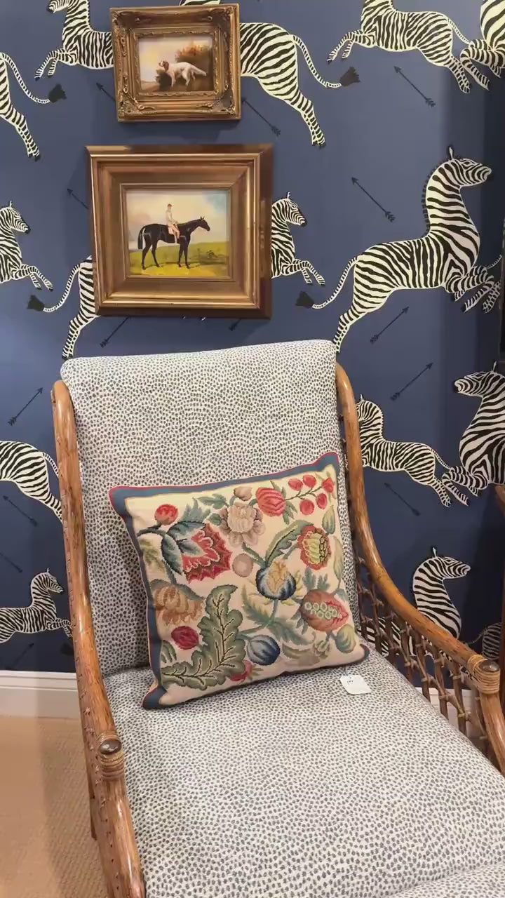 Vintage Needlepoint Pillow, Red and Blue Floral