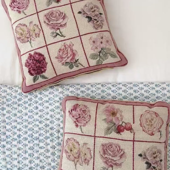 Vintage Needlepoint Pillow, Pink Garden Flowers