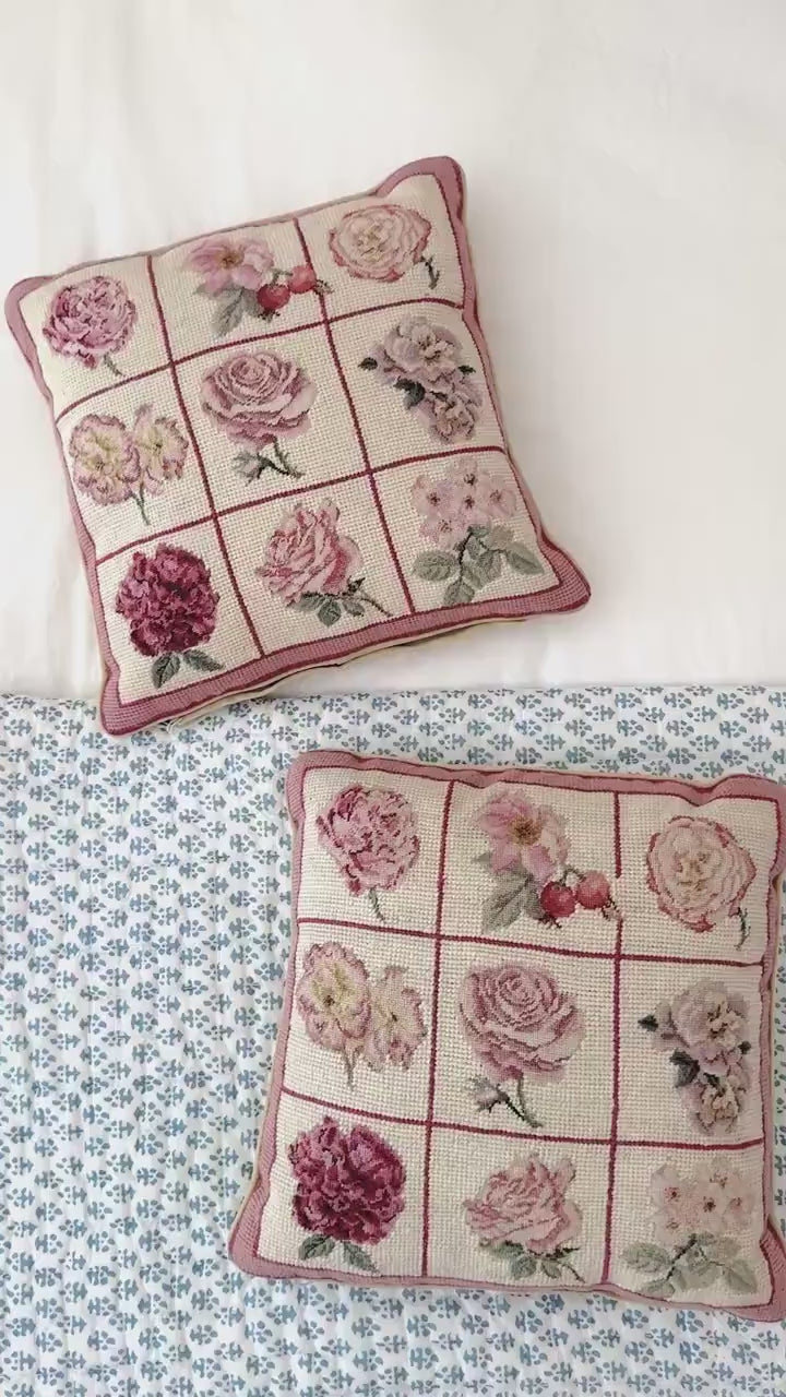 Vintage Needlepoint Pillow, Pink Garden Flowers