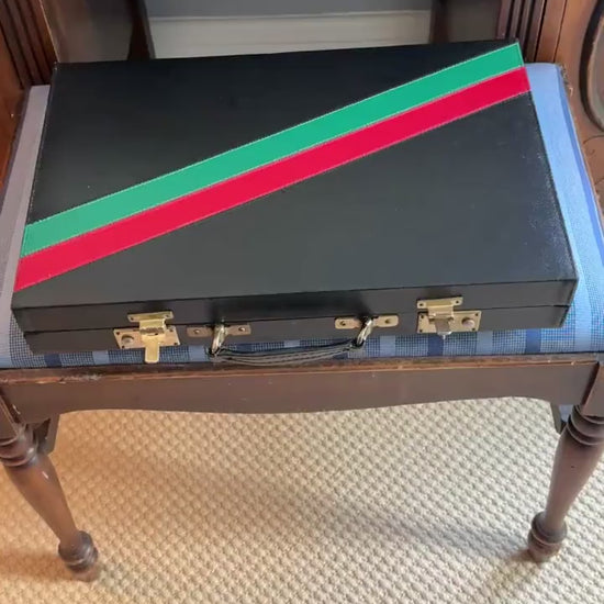 Vintage Backgammon Set, Black Leather Case with Red and Green Stripe