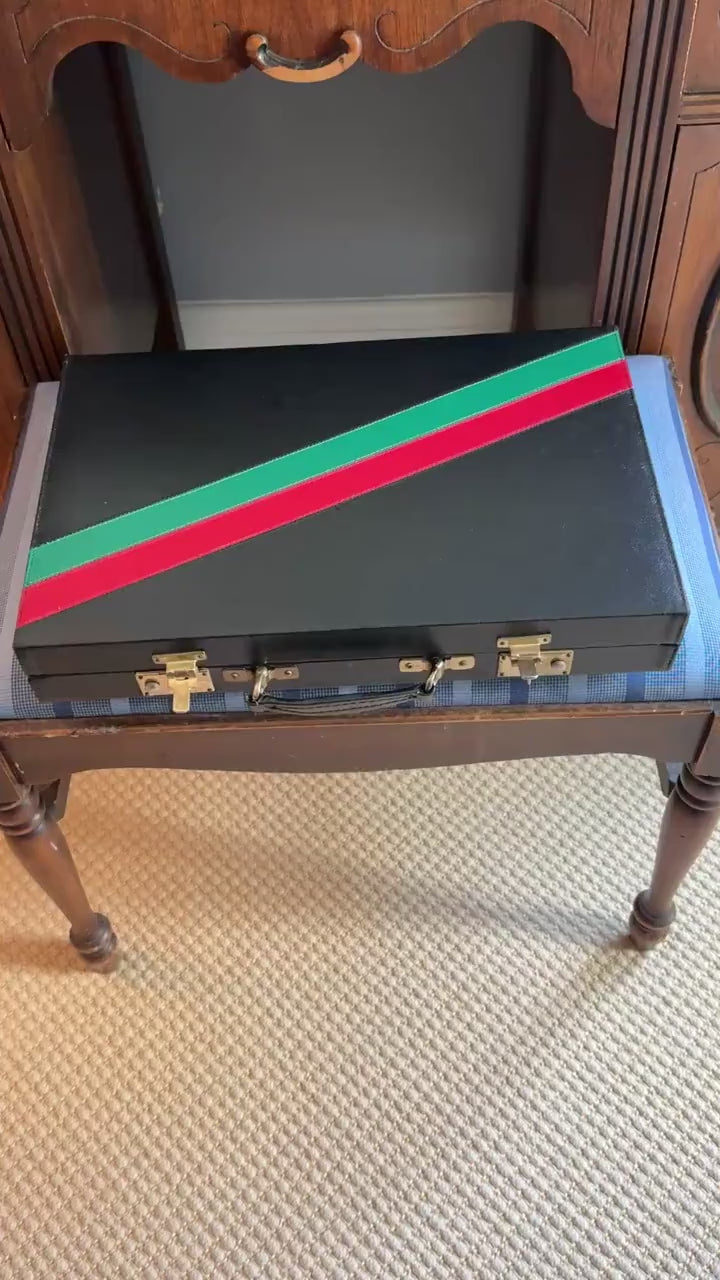 Vintage Backgammon Set, Black Leather Case with Red and Green Stripe