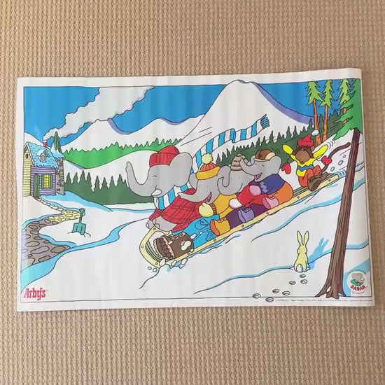Vintage Babar Poster, Family Sledding in Snow
