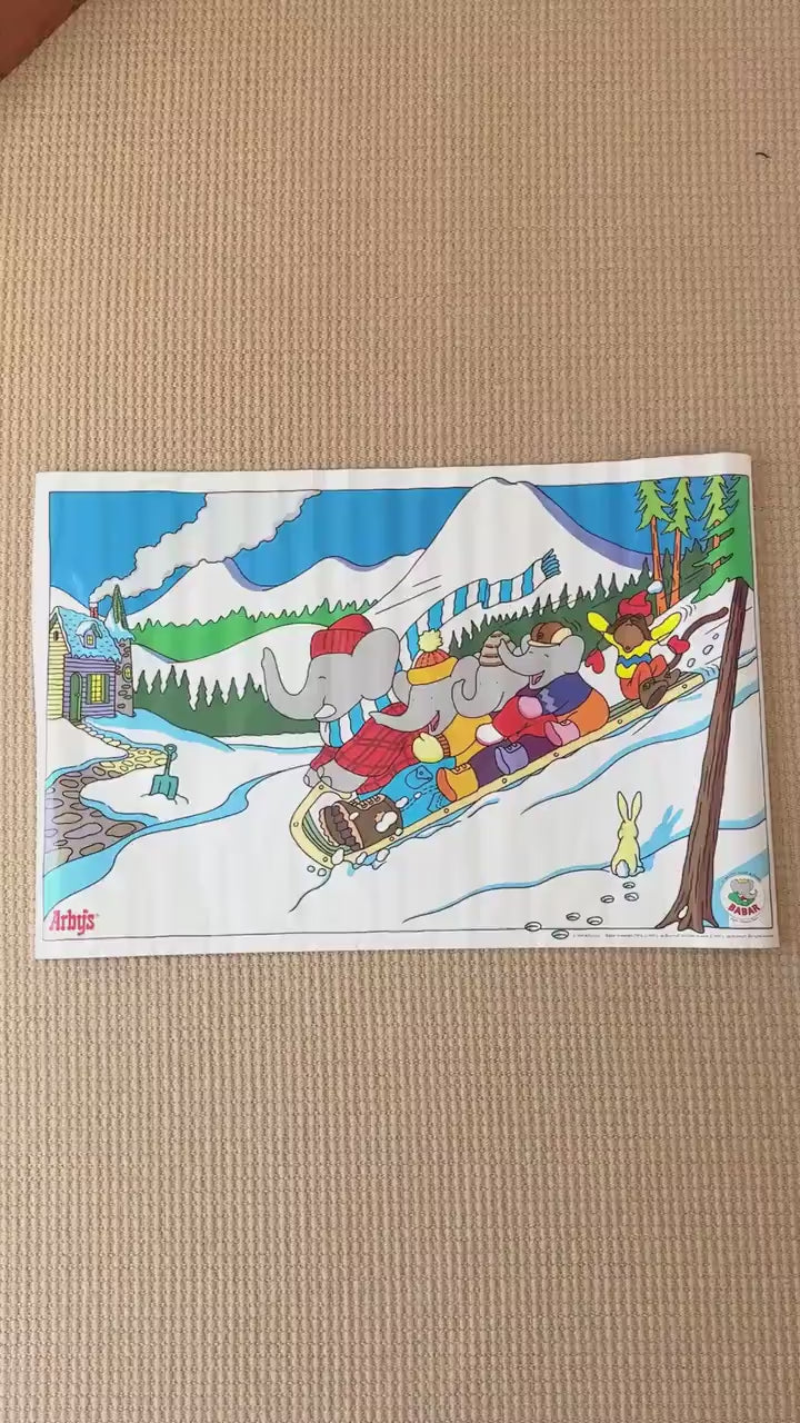 Vintage Babar Poster, Family Sledding in Snow
