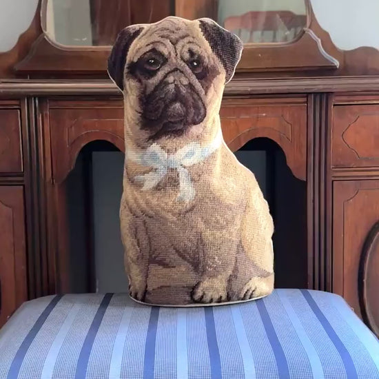 Vintage Needlepoint Standing Pillow, Pug
