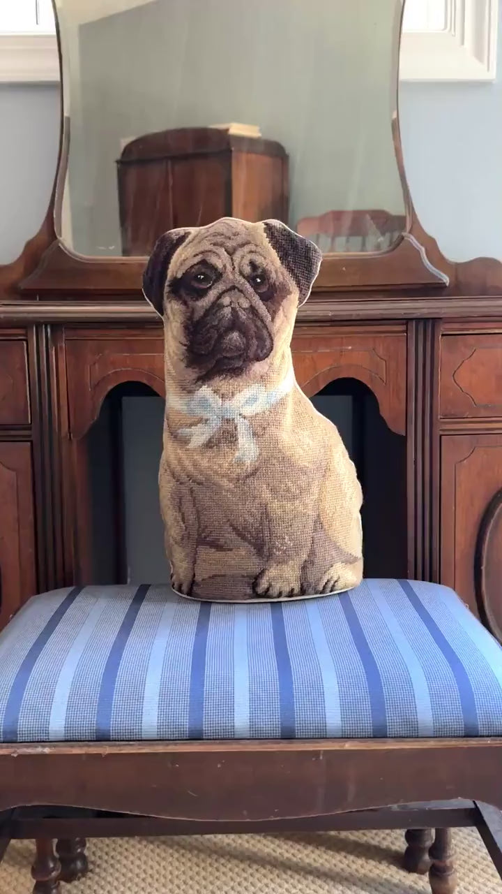 Vintage Needlepoint Standing Pillow, Pug