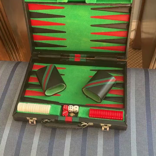 Vintage Travel Backgammon Set, Black Case with Red and Green Stripe