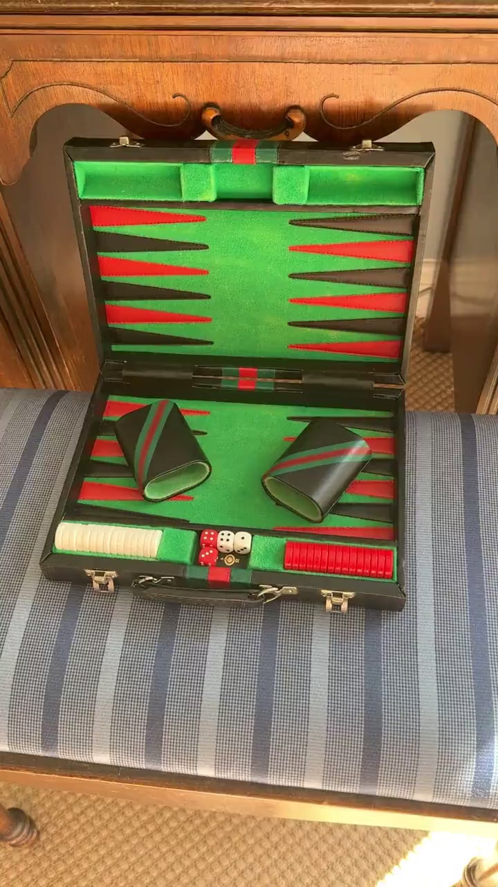 Vintage Travel Backgammon Set, Black Case with Red and Green Stripe