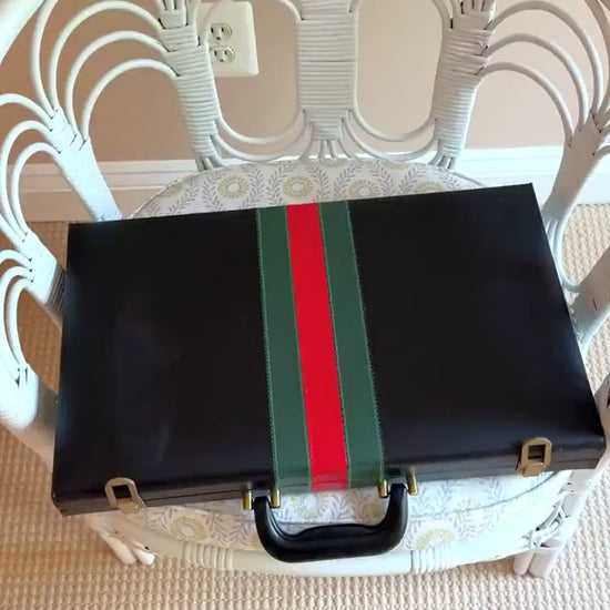 Vintage Backgammon Set, Black Leather Case with Red and Green Stripe