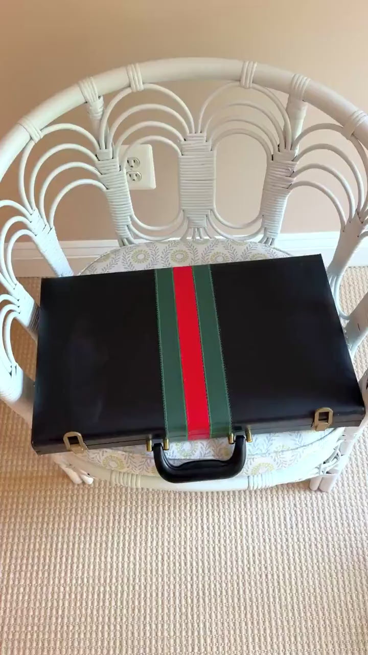 Vintage Backgammon Set, Black Leather Case with Red and Green Stripe