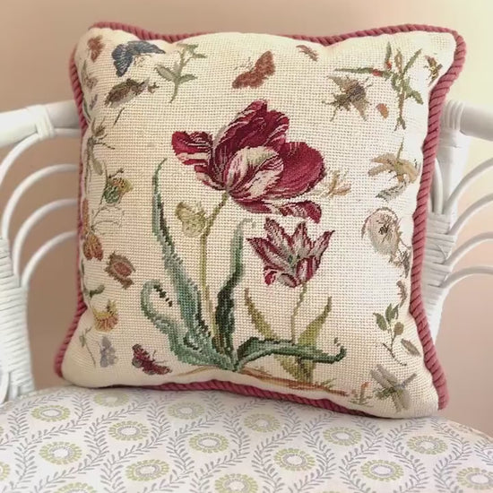 Vintage Needlepoint Pillow, Pink Tulips and Butterflies