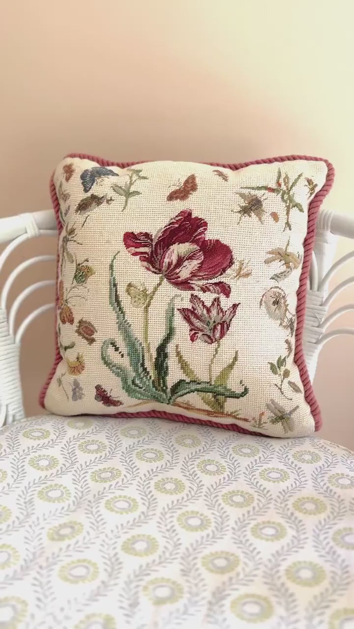 Vintage Needlepoint Pillow, Pink Tulips and Butterflies